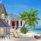 Colorful Fantasy Seaside Villa Painting with Moon and Sailboat