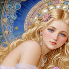 Golden-haired fairytale woman with pearls and flowers under starry sky