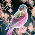 Colorful Bird Perched on Branch with Pink Blossoms on Dark Background