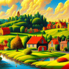 Colorful landscape with rolling hills, trees, houses, river, and people walking.