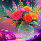 Colorful Digital Art: Sparkling Neon-Lit Fantasy Flowers