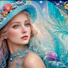 Digital artwork: Woman with curly blond hair, turquoise hat, and stars.