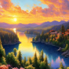 Colorful sunset landscape with pink clouds, serene lake, flora, houses, mountains