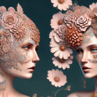 Two women with floral headdresses and gold leaf makeup on blue background