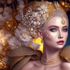 Digital artwork featuring woman in ornate golden headdress on dark background