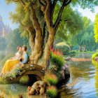 Fantastical landscape with lush greenery, colorful flowers, serene water, and distant castle.