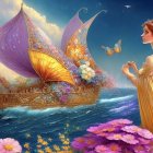 Fantasy artwork: Woman in flowing dress by ocean with butterfly, ornate ship, surreal sky