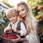 Children with blue eyes and curly hair in vintage clothing among strawberry bushes