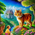 Colorful fantasy landscape with tiger, child, and castle in lush setting