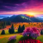 Colorful sunset over rolling hills and mountains with vibrant sky.