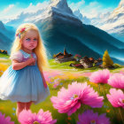 Young girl in white dress among vibrant flower field and snowy mountains.