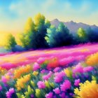 Colorful Flower-Filled Landscape Painting at Sunset