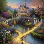 Colorful fantasy landscape with castle, gardens, waterfall, bridge, river, and sunset sky