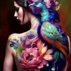 Illustrated woman with blue bird, flowers, and dark background