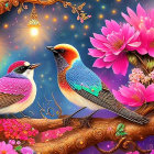 Colorful Birds on Blossom Branch Against Starry Background with Lanterns