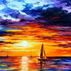 Colorful sailboat painting on calm sea at sunset with city silhouette.