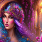 Mystical woman with purple-blue hair and golden headpiece surrounded by flowers and ornate patterns