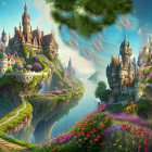 Colorful floating islands with intricate castles in a fantastical landscape