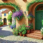 Colorful Alley with Cobblestone Paths and Lush Plants