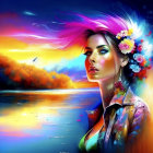 Colorful digital artwork: Woman with pink hair and flowers in serene sunset scene