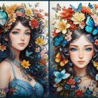 Fantasy art: Woman with blue curly hair, gold and floral accessories, butterflies - surreal beauty