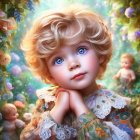 Young child with blond hair and blue eyes in a whimsical flower-filled scene