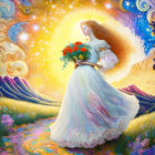 Woman with flowing hair holding bouquet in starlit fantasy landscape