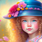 Young Girl with Curly Hair in Wide-Brimmed Hat and Floral Background