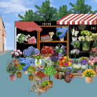 Vibrant 3D-rendered garden stall with colorful flowers and plants