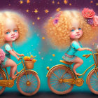 Blonde toddlers on whimsical bicycles under starry sky