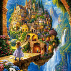 Young girl in purple dress at fantastical castle with lush flora & blue sky