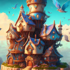 Whimsical multi-level fantasy house with blue roofs and flying birds in vibrant dusk skies