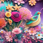 Colorful birds in cosmic floral digital art