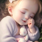 Curly-Haired Child Sleeping with Stuffed Bunnies in Basket