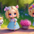 Animated dolls in blue dresses with floral hair accessories in a vibrant garden with a grey puppy and pink flowers