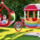 Vibrant Crochet Toys: Swing, Tricycle, and Flower Basket in Sunlit Garden