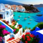 Coastal scene with white-washed buildings, pink flowers, boats, azure waters, blue sky