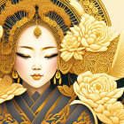 Golden headdress and jewelry in illustrated portrait with lotus flowers