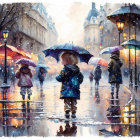 Child in blue coat and purple umbrella on rainy city street with pedestrians and street lamps.