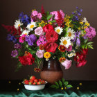 Colorful Still Life Painting: Flowers in Vase, Strawberries on Table