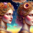 Stylized illustrated female figures with ornate floral hairstyles on vibrant cosmic backdrop