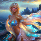 Ethereal woman with golden hair in blue attire in mystical twilight landscape