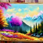 Colorful Landscape Painted Tray on Rustic Background