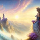 Long-haired princess in flowing gown before enchanting castle at sunset