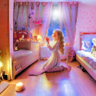 Colorful Children's Bedroom with Pink Walls, Glittery Bedding, Starry Window View