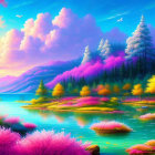 Colorful Landscape with River, Flowering Trees, and Mountains