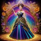 Colorful artwork of a woman with angelic wings and fantastical elements