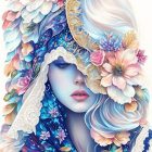 Detailed illustration of woman's face with vibrant blue and pink flowers, blue hair, and eyes