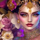 Woman with Blue Eyes Surrounded by Roses and Peonies in Gold Jewelry