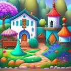 Colorful Whimsical Painting of Stylized Buildings and Floral Landscapes